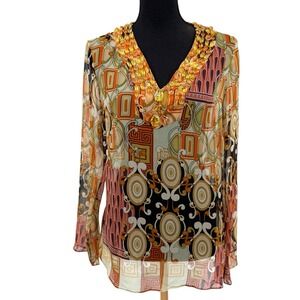 ECI New York Women's‎ Blouse  Vintage Y2K  V-Neck Sheer Boho  Med